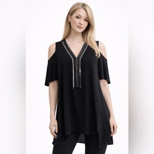 Frank Lyman Cold Shoulder Embellished Tunic Black Made in Canada Size L